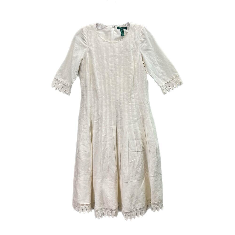 Lauren Ralph Lauren 100% Linen Dress Women 6 Ivory Fit Flare Pintuck Lace Lined - Picture 1 of 15